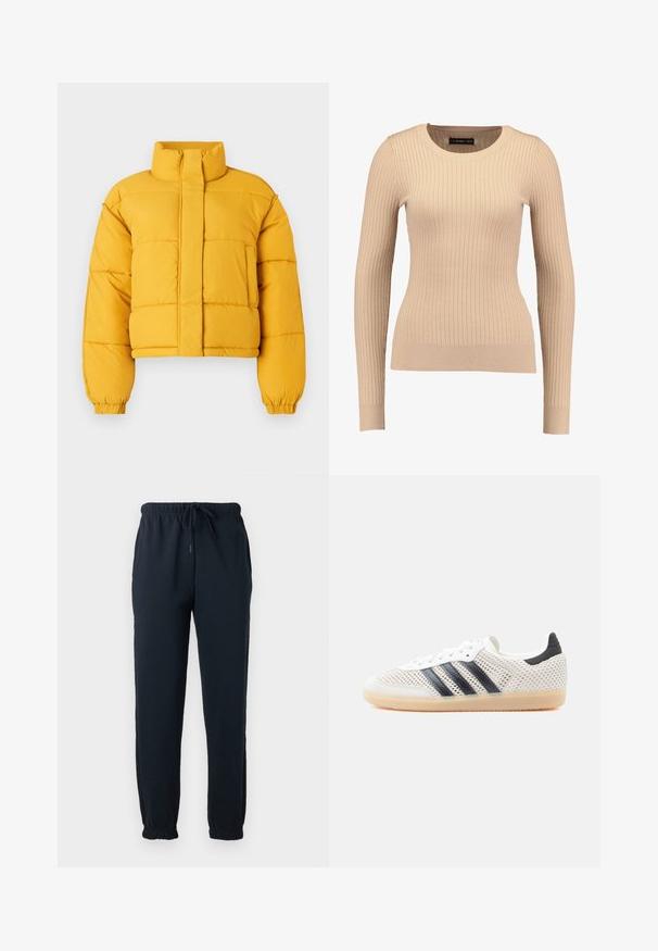 Chaqueta acolchada amarilla recortada con un alto cuello, que presenta un cierre frontal y puños elásticos. La tela parece suave con secciones acolchadas.; Suéter de manga larga de canalé en beige claro, hecho de una tela elástica. Cuenta con un escote redondo y una silueta ajustada con puños acanalados.; Pantalones deportivos negros con cintura elástica, cordón, bolsillos laterales y puños elásticos en los tobillos.; Zapatillas deportivas de malla blanca con diseño de tres franjas negras, punta redondeada y suela de goma color café. Cuentan con un cuello de talón suave y cierre de cordones.