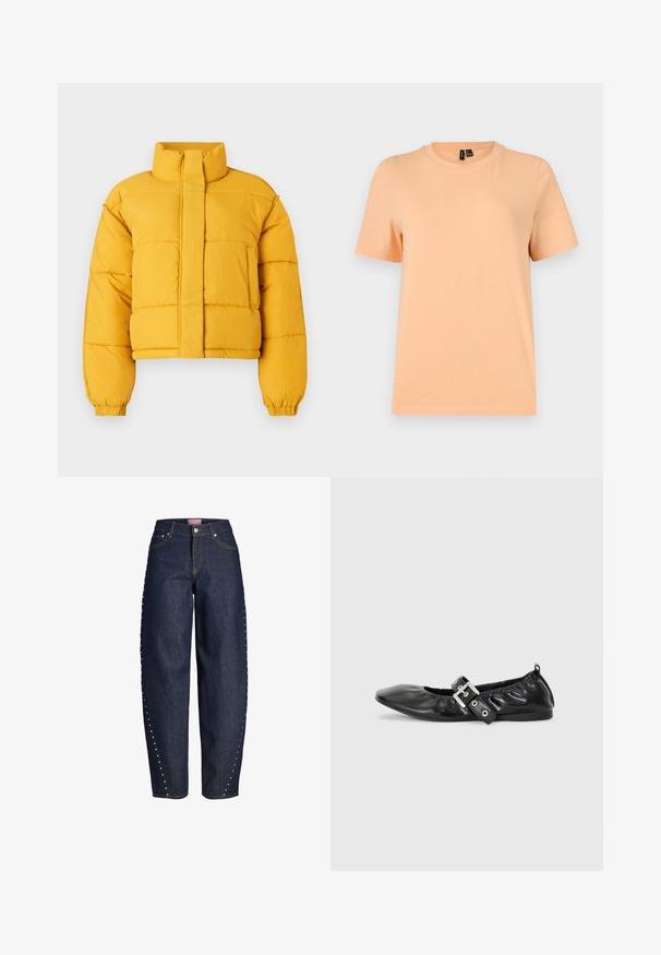 Chaqueta acolchada amarilla recortada con un alto cuello, que presenta un cierre frontal y puños elásticos. La tela parece suave con secciones acolchadas.; Camiseta lisa de color melocotón con manga corta y cuello redondo, con etiquetas negras de talla en el interior del cuello, mostrada sobre un fondo gris claro.; Vaqueros de pierna ancha en azul oscuro con cintura alta, cierre frontal de botón y cremallera, y tachuelas plateadas a lo largo de las costuras exteriores.; Zapato plano de piel negra con puntera afilada, detalle fruncido alrededor de la abertura y un acento de hebilla plateada en la correa ajustable.