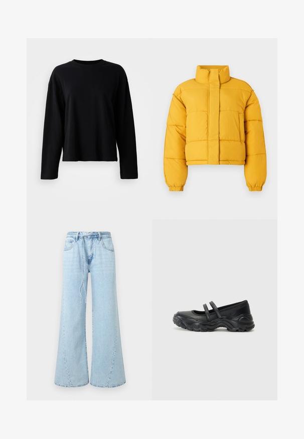 Gul cropped pufferjakke med høj krave, der har en frontlukning og elastiske manchetter. Stoffet virker glat med quiltede sektioner.; Sort langærmet t-shirt lavet af et blødt, let stof med rund hals og en afslappet pasform med minimale sømdetaljer.; Lyseblå vidde jeans med forlommer, bæltestropper og et løst bindebælte i taljen på ensfarvet baggrund.; Sorte læder mary jane flade sko med to justerbare remme, en rund tå og en struktureret gummisål for ekstra greb.