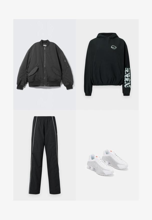 Zwarte bomberjack met ritssluiting aan de voorkant, twee klepzakken, geribbelde boorden en zoom, en een zak met rits op de linkermouw.; Zwarte cropped hoodie met prikkeldraadontwerp op de borst en gestileerde tekst op de rechtermouw, elastische manchetten en een voorzak.; Zwarte sportbroek met witte zijstrepen, elastische tailleband en Nike-logo op de rechterdij, afgebeeld tegen een witte achtergrond.; Witte hardloopschoenen met grijze accenten, voorzien van een getextureerde bovenkant, perforaties voor ventilatie en een gesegmenteerde hak voor demping.