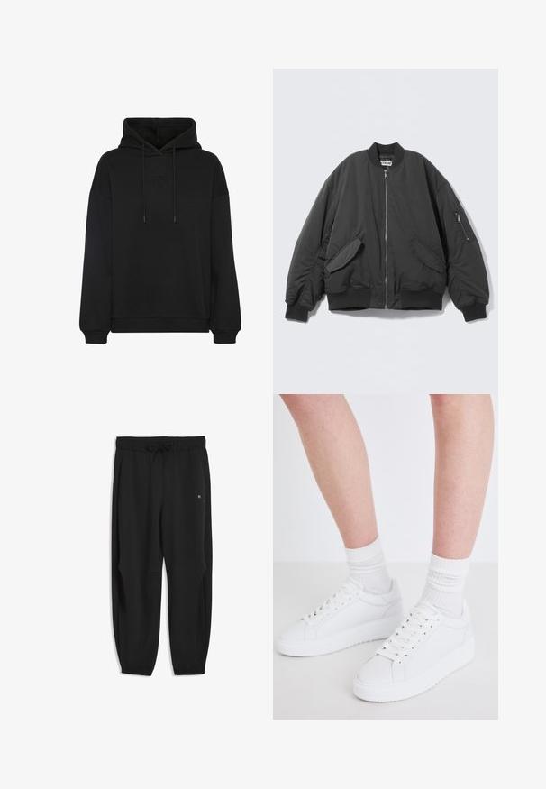 Musta bomber-takki, jossa etumvetoketju, kaksi läppätaskua, ribbineulotut hihansuut ja helma sekä vetoketjutasku vasemmassa hihassa.; Mustat huppari, jossa on suuri etutasku, rintakehässä tonalisesti brodattu logo, nyörillä säädettävä huppu sekä ribbaustaskut ja helma.; Musta urheiluhousut, joissa on joustava vyötärönauha, kiristysnaru, sivutaskut, joustavat lahkeensuut ja pieni logo oikeassa reisiosassa.; Copenhagen Studios CPH72 - Matalavartiset tennarit - white