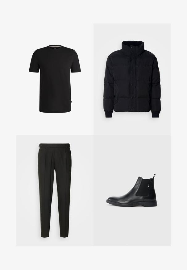 Chaqueta acolchada negra con un alto cuello, frente con botones a presión, bolsillos laterales con cremallera y puños acanalados. Tejido suave y texturizado con un diseño acolchado.; Camiseta corta negra de algodón suave con cuello redondo. Presenta una sutil etiqueta de la marca en el lado izquierdo cerca del dobladillo.; Pantalones negros ajustados con frontales lisos, dos pliegues, trabillas para cinturón y diseño de pierna recta. Fabricados con una tela suave y ligera.; Botines Chelsea de cuero negro con paneles elásticos laterales, una pestaña para tirar y una suela de goma plana. Textura suave con un detalle mínimo.