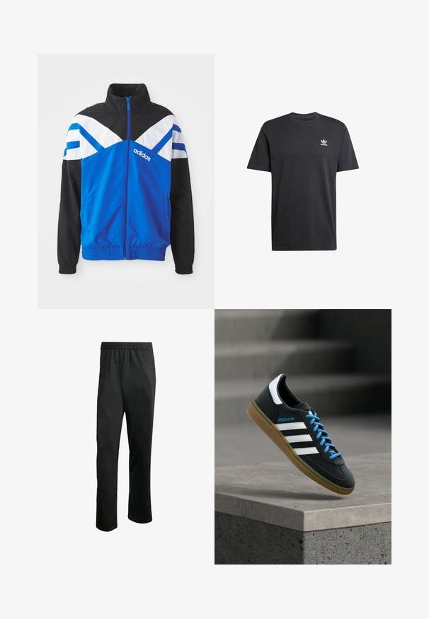 Sininen ja musta tuulipuku takki, jossa on valkoinen ja sininen chevron-kuvio, vetskari suljenta, joustavat hihansuut ja sivutaskut. Adidas-logo esillä.; Mustat puuvillapaidat, joissa on lyhyet hihat, pyöreä pääntie ja valkoinen adidas-logo painettuna vasempaan rintamukseen. Sileä pinta.; Mustat urheiluhousut, joissa on mukava joustava vyötärö, kaksi sivutaskua ja sileä, kevyt kangas. Sisältää hillittyä logoa.; Musta Adidas-tennari valkoisilla raidoilla, sinisillä nauhoilla ja kumipohjalla kelluu pehmeässä valossa harmaan betonisen portaan yllä.