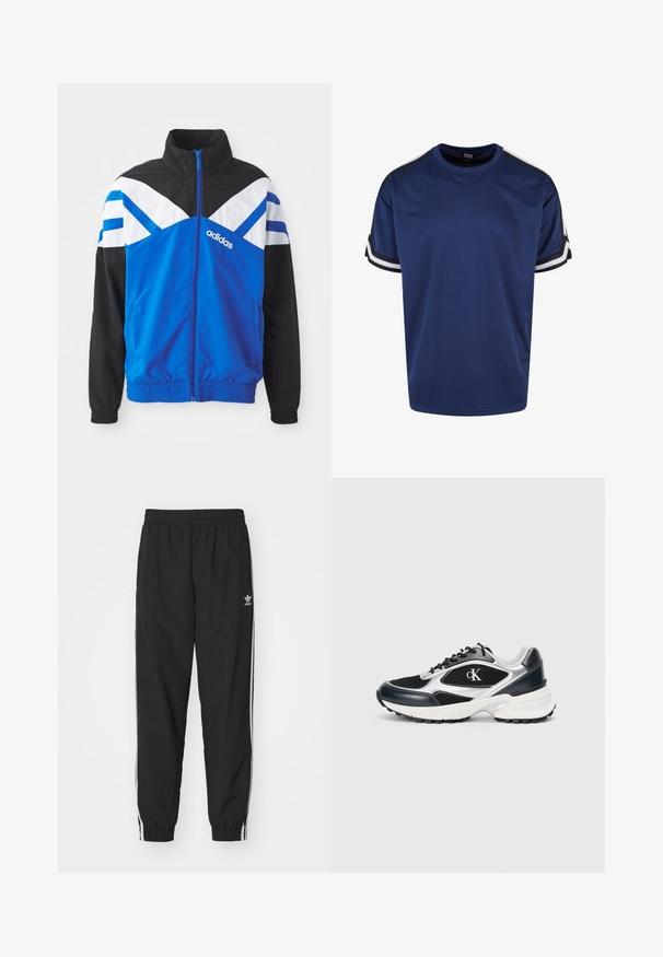 Veste coupe-vent bleue et noire avec un motif en chevron blanc et bleu, fermeture éclair, poignets élastiques et poches latérales. Logo Adidas affiché.; T-shirt de sport bleu marine en tissu respirant, avec des manches courtes et des accents gris et noirs sur les épaules, ainsi qu'un col rond.; Pantalons de jogging noirs avec taille élastique et poignets, présentant des rayures latérales blanches et un petit logo Adidas blanc sur la hanche gauche.; Baskets de sport noires et argentées avec une tige en mesh et en synthétique, accents texturés, semelle intermédiaire blanche épaisse et semelle extérieure en caoutchouc noir. Avec logo.