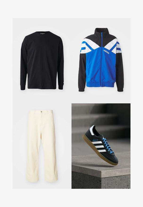 Chaqueta cortavientos azul y negra con patrón de chevron blanco y azul, cierre de cremallera, puños elásticos y bolsillos laterales. Logo de Adidas exhibido.; Camiseta negra de manga larga hecha de algodón, con un escote redondo y corte recto, que presenta un pequeño detalle de logo en la manga.; Pantalones de pierna ancha color crema hechos de algodón, con cierre de botón, presillas para cinturón y dobladillo cosido. Textura suave, sin patrones visibles.; Zapatilla negra Adidas con franjas blancas, cordones azules y suela de goma flotando sobre un escalón de hormigón gris con luz suave.