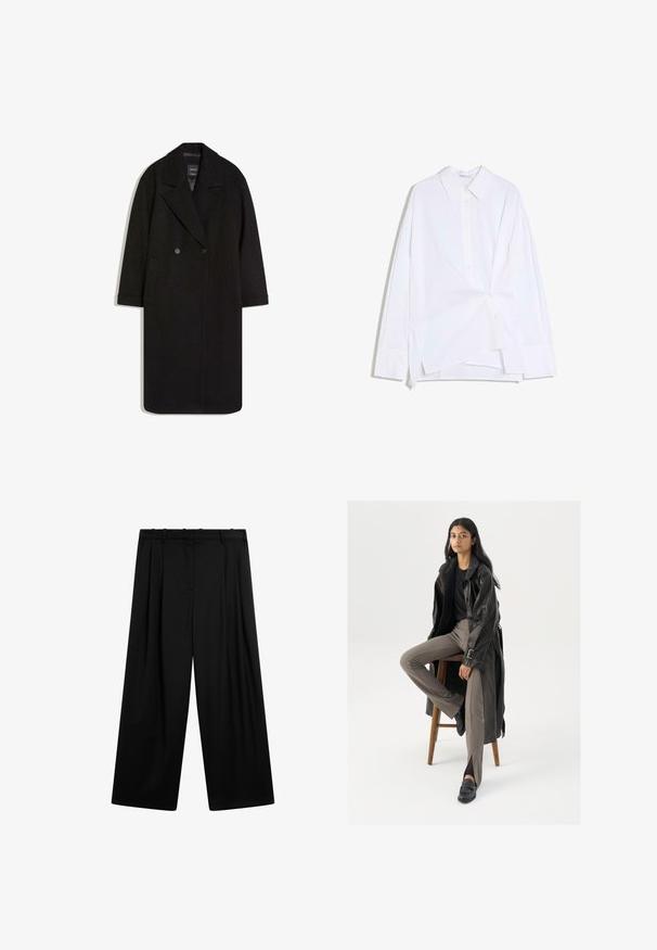 Manteau en mélange de laine noire avec un devant à double boutonnage, grand col à revers, poches latérales, manches longues et silhouette droite.; Chemise blanche à manches longues avec boutons, devant asymétrique torsadé et col classique, présentée sur un fond blanc.; Pantalon noir à jambes larges avec plis avant, passants de ceinture et une ceinture plate, présenté sur un fond blanc.; Manteau trench en cuir noir avec des boutons et une ceinture, associé à un pantalon ajusté marron clair et des mocassins noirs, assis sur un tabouret en bois.