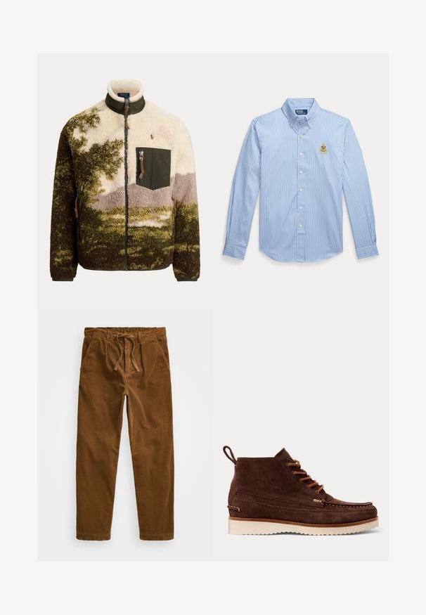 Fleece-Zipjacke mit grünem, beigem und braunem Camouflage-Muster, hohem Kragen und Brusttasche mit Reißverschluss sowie Polo Ralph Lauren Logo.; Blau-weiß gestreiftes Hemd mit langen Ärmeln, Knopfleiste, Kragen und kleinem gesticktem Wappen auf der linken Brust.; Braune Cordhosen mit einem elastischen Bund und Zugband, seitlichen Taschen und geraden Beinen mit strukturiertem Rippenmuster.; Brauner Wildleder-Stiefel mit Schnürung vorne, Nahtdetails, Fersenschlaufe und weißer profilierter Sohle auf einfarbigem Hintergrund.