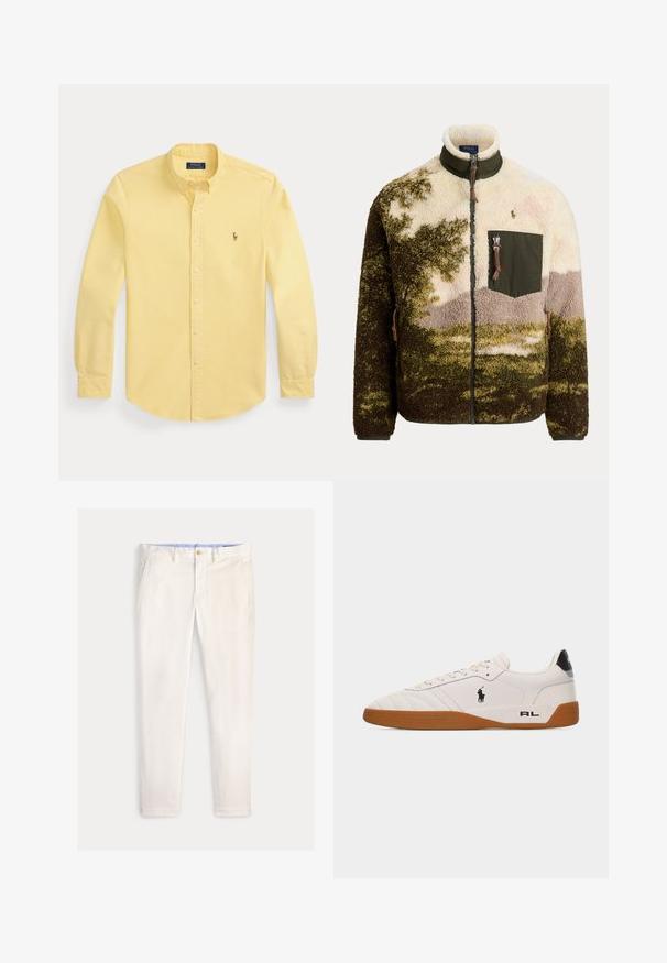 Fleece-Zipjacke mit grünem, beigem und braunem Camouflage-Muster, hohem Kragen und Brusttasche mit Reißverschluss sowie Polo Ralph Lauren Logo.; Gelbes langärmliges Hemd mit Knöpfen und Kragen sowie kleinem besticktem Logo auf der linken Brust, flach auf weißem Hintergrund gelegt.; Herren Slim-Fit-Hose in Off-White mit Fronttaschen, Gürtelschlaufen und Knopfverschluss vor einfarbigem Hintergrund.; Weißer Sneaker mit niedrigem Schaft, brauner Gummisohle, schwarzem Polo Ralph Lauren-Logo an der Seite und "RL"-Schriftzug im Fersenbereich.