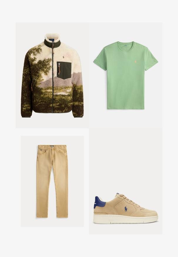 Fleecová bunda na zips so zeleným, béžovým a hnedým maskáčovým vzorom, vysokým golierom a náprsné vrecko so zipsom a logom Polo Ralph Lauren.; Tričko s krátkym rukávom a okrúhlym výstrihom zo svetlozeleného bavlneného materiálu. Na hrudi sa nachádza malá oranžová výšivka loga. Hladká textúra, pohodlný strih.; Béžové bavlnené džínsy so slim fit strihom, päť vreciek a viditeľným šitím. Obsahujú kovový gombík a označenie na páse.; Béžová semišová teniska s tmavomodrou pätkou a logom, bielou podrážkou, šnurovací dizajn a výšivka hráča póla na boku.