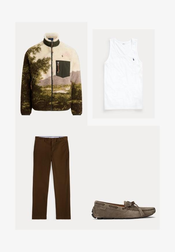 Fleecejakke med lynlås med grøn, beige og brun camouflagemønster, høj krave og brystlomme med lynlås og Polo Ralph Lauren-logo.; Hvid ærmeløs tanktop med rund halsudskæring og lille mørkeblå Polo Ralph Lauren hestelogo på venstre bryst.; Brune bukser med lige ben, bæltestropper, knap og lynlås foran samt sidelommer på hvid baggrund.; Lysebrun ruskindsslipper med snøre- og duskedetalje, syet moc-tå og gummiydersål, sidevisning.