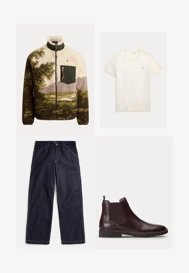 Chaqueta de forro polar con cremallera con estampado de camuflaje en verde, beige y marrón, cuello alto y bolsillo en el pecho con cremallera y logo Polo Ralph Lauren.; Camiseta de algodón blanco con cuello redondo y mangas cortas, con un pequeño logo azul bordado en el lado izquierdo del pecho. Textura suave, ajuste regular.; Vaqueros azul oscuro de pierna recta con costuras en contraste, trabillas para cinturón y bolsillos delanteros, extendidos sobre un fondo blanco.; Botín Chelsea de cuero marrón oscuro con panel lateral elástico y tacón bajo, mostrado de perfil sobre un fondo blanco.