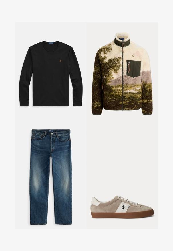 Fleecová bunda na zips so zeleným, béžovým a hnedým maskáčovým vzorom, vysokým golierom a náprsné vrecko so zipsom a logom Polo Ralph Lauren.; Čierne dlhé tričko s dlhým rukávom vyrobené z mäkkej bavlny, so zaobleným výstrihom a malým vyšívaným logom na hrudi s farebnými akcentmi.; Indigo modré riflové nohavice so strihom rovné nohavice, štýl s piatimi vreckami a jemné blednutie na stehnách. Kovové zapínanie na gombík a zips.; Béžová semišová nízka teniska s bielymi šnúrkami, bielym koženým prvkom s čiernym logom koňa a hnedou gumovou podrážkou.