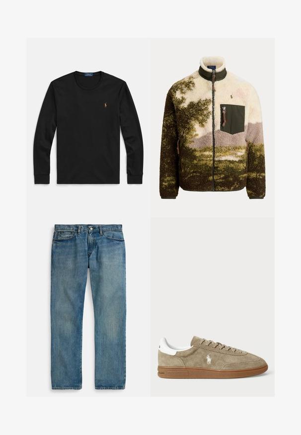 Fleece-Zipjacke mit grünem, beigem und braunem Camouflage-Muster, hohem Kragen und Brusttasche mit Reißverschluss sowie Polo Ralph Lauren Logo.; Schwarzes langärmeliges T-Shirt aus weicher Baumwolle, mit Rundhalsausschnitt und kleinem, farblich akzentuiertem gesticktem Logo auf der Brust.; Hellblaue Jeans aus Denim mit geradem Bein, fünf Taschen, Knopfverschluss und dezenter Used-Optik für mehr Textur.; Wildledersneaker in Beige mit weißen Akzenten, runder Zehenform und Schnürdesign. Mit eingeprägtem Logo und Gummisohle für besseren Halt.