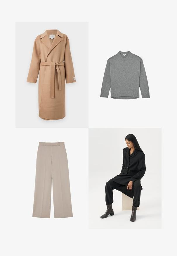 Beige wollen mix wikkeljas met een geknipte kraag, lange mouwen en een bijpassende riem. Bevat een zijslit en een merklabel op de mouw.; Grijze gebreide trui met ronde hals, lange mouwen en geribde boorden en zoom, plat op een witte achtergrond gelegd.; Beige broek met wijde pijpen, riemlussen, voorzakken en een plooi in het midden van elke pijp.; Vrouw met lang donker haar zittend, draag een losse zwarte blazer, bijpassende wijde broek en donkere enkellaarsjes tegen een effen witte achtergrond.