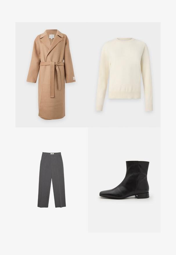 Manteau en mélange de laine beige avec un col cranté, des manches longues et une ceinture assortie. Possède une fente latérale et une étiquette de marque sur la manche.; Pull crème clair à manches longues, col rond et ourlet côtelé. Fabriqué en matériau doux, avec une texture lisse.; Pantalons droits gris en tissu texturé, avec une taille mi-haute, des passants de ceinture et des poches latérales. Aucun motif ou accent visible.; Botte cheville en cuir noir avec un bout pointu, texture lisse, design minimaliste et un petit talon carré. La fermeture éclair sur le côté monte jusqu'à la cheville.