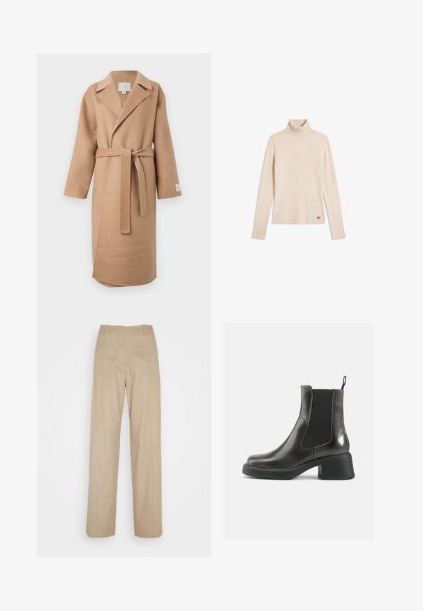 Beige wollen mix wikkeljas met een geknipte kraag, lange mouwen en een bijpassende riem. Bevat een zijslit en een merklabel op de mouw.; Beige geribde trui met lange mouwen en een col, voorzien van een klein logo-stiksel vlakbij de onderzoom op een witte achtergrond.; Calvin Klein TAILORED STRAIGHT PANT - Broek - cinder; Zwarte leren enkellaarzen met een gladde afwerking, elastische zijpanelen en een zware hak. Voorzien van een lus voor gemakkelijker aan- en uittrekken.