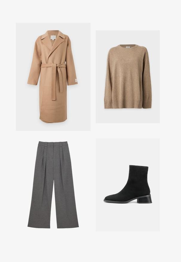 Abrigo envolvente de mezcla de lana beige con cuello de muesca, mangas largas y un cinturón a juego. Presenta una abertura lateral y una etiqueta de marca en la manga.; Jersey de punto beige de manga larga con puños, bajo y cuello redondo acanalados, mostrado extendido sobre un fondo blanco.; Pantalones grises de talle alto y pierna ancha con pliegues delanteros y cintura ajustada, diseñados en una tela lisa.; Botín de ante negro hasta el tobillo con punta redondeada, caña corta y tacón bajo apilado. Textura suave sin patrones ni adornos visibles.