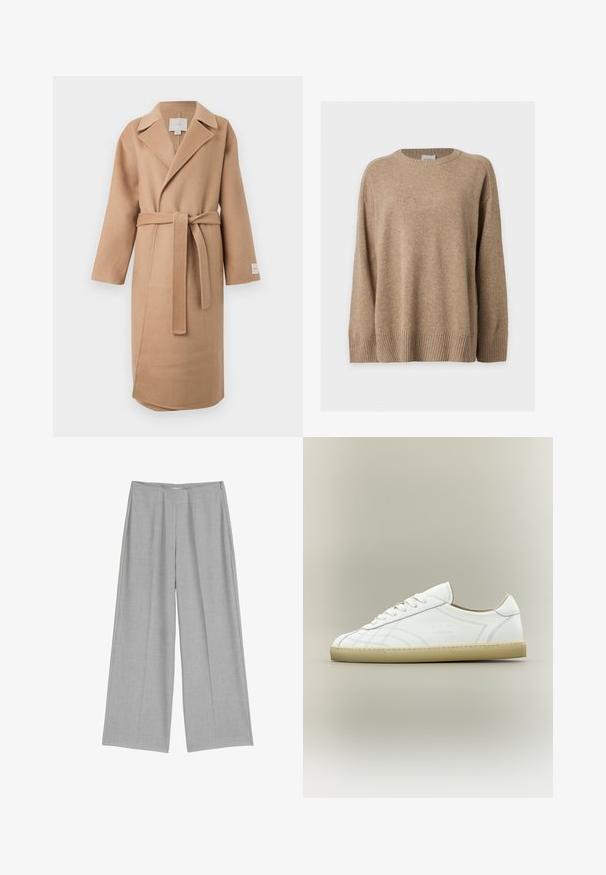 Beige wollen mix wikkeljas met een geknipte kraag, lange mouwen en een bijpassende riem. Bevat een zijslit en een merklabel op de mouw.; Beige lange mouw gebreide trui met geribde manchetten, zoom en ronde hals, plat liggend op een witte achtergrond.; Lichtgrijze, wijde broek met een gepleatste voorkant, met een gladde textuur en een discreet zijrits voor sluiting.; Witte lage leren sneaker met beige zool, vetersluiting en subtiele gestikte patronen op een neutrale achtergrond.