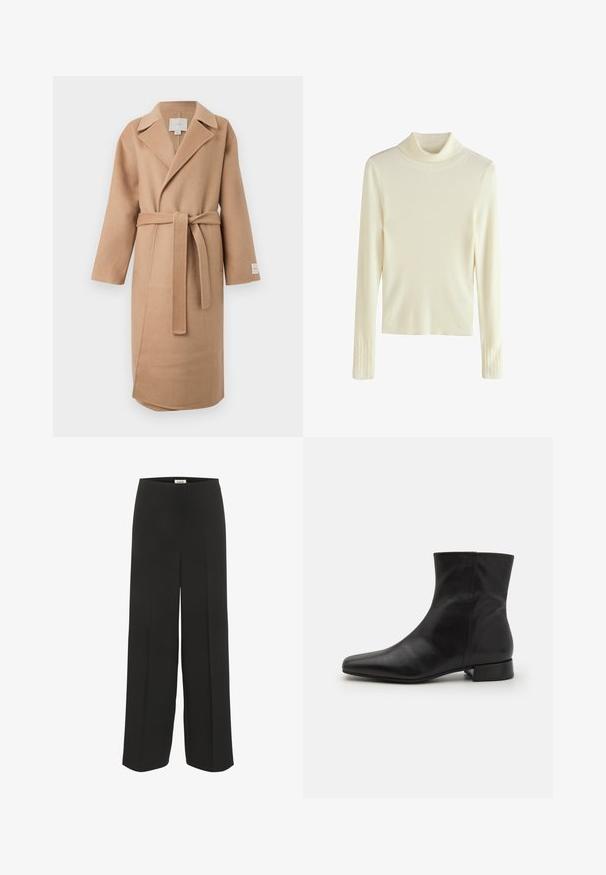 Beige uldblandede indpakningsfrakke med en klippet krave, lange ærmer og et matchende bælte. Har et sideslids og et mærke på ærmet.; Hvid ribbet turtleneck sweater med lange ærmer og teksturerede detaljer ved manchetten. Glat stof og tætsiddende design.; Sorte bukser med vid ben, høj talje og subtile pressede detaljer, designet til en afslappet og elegant pasform.; Sort læder ankelstøvle med spids tå, glat tekstur, minimalistisk design og en lav blokhæl. Sidelukning går op til anklen.