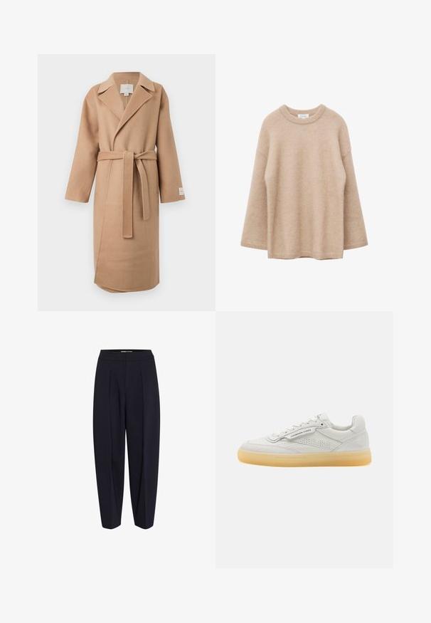 Beige uldblandede indpakningsfrakke med en klippet krave, lange ærmer og et matchende bælte. Har et sideslids og et mærke på ærmet.; Beige langærmet sweater med rund hals, blød og fnugget tekstur og løs pasform, vist mod en hvid baggrund.; Marinblå bukser med høj talje, med frontfold og tapered ben-design. Lavet af et glat stof uden synlige hardware eller mønstre.; Hvide lædersneakers med perforerede detaljer, rund tå og cremefarvet gummisål. Har tonalt syning og et minimalistisk design.