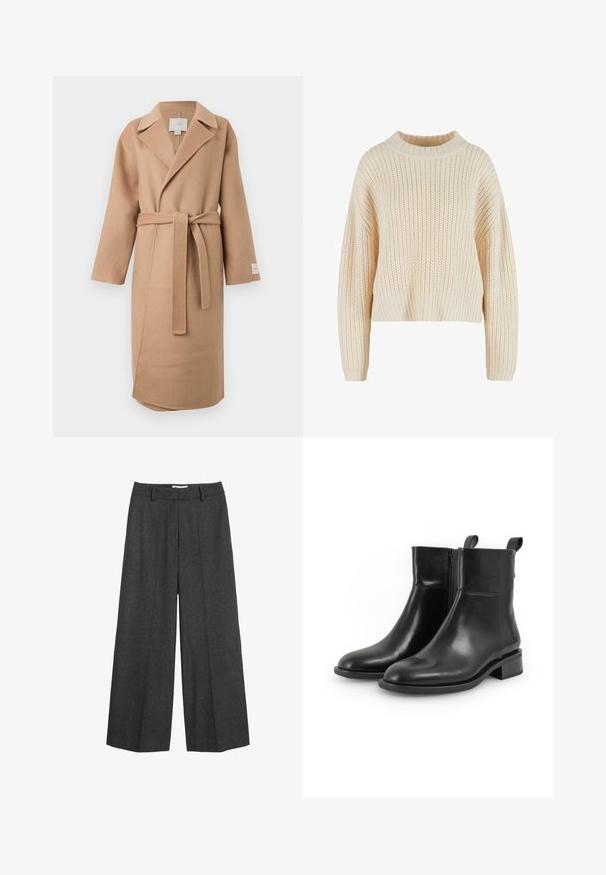 Beige uldblandede indpakningsfrakke med en klippet krave, lange ærmer og et matchende bælte. Har et sideslids og et mærke på ærmet.; Cremefarvet strikket sweater med høj ribbet krave, brede ærmer og et struktureret mønster hele vejen igennem. Kropet design med ribbet kant.; Bredde bukser i mørkegrå stof. Har en skræddersyet talje med bæltesløjfer, glat tekstur og minimale syninger som detaljer.; Par sorte læderankelstøvler med sidelommer, runde tæer, lave blokhæle og træktabs bagpå, vist på en hvid baggrund.