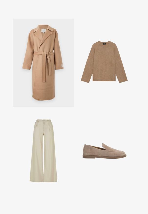 Beige wollen mix wikkeljas met een geknipte kraag, lange mouwen en een bijpassende riem. Bevat een zijslit en een merklabel op de mouw.; Bruine gebreide trui met een ronde hals en lange mouwen. Zachte textuur, losse pasvorm en geribbelde manchetten en zoom. Merketiket aan de binnenkant van de halslijn.; Beige broek met wijde pijpen en hoge taille, plooien aan de voorkant, riemlussen en knoopsluiting.; Beige suède instapper met lage platte bruine zool en mocassinnaaistijl detail op het bovenwerk.
