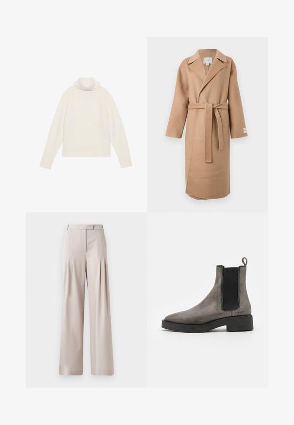 Beige uldblandede indpakningsfrakke med en klippet krave, lange ærmer og et matchende bælte. Har et sideslids og et mærke på ærmet.; Lyscreme turtleneck sweater med ribbet tekstur, raglanærmer og tætsiddende kant. Blødt materiale og afslappet silhuet.; Beige vidde bukser med en glat tekstur, plisseret frontdesign og en skræddersyet talje. Velegnet til formelt eller afslappet brug.; Grå læder chelsea støvle med tekstureret finish, elastiske sidedele, hængestrop og sort gummisål. Slank, taperet design med minimale accenter.