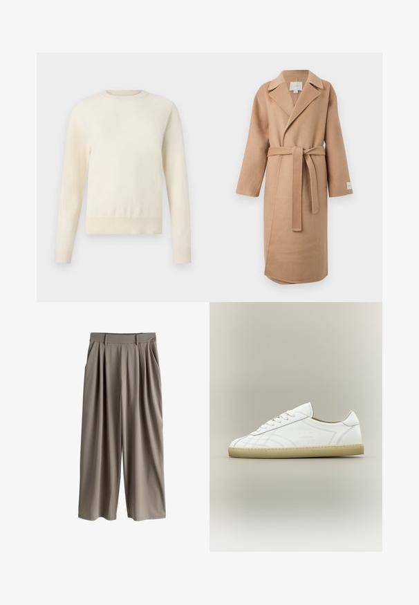 Abrigo envolvente de mezcla de lana beige con cuello de muesca, mangas largas y un cinturón a juego. Presenta una abertura lateral y una etiqueta de marca en la manga.; Suéter de color crema claro con mangas largas, cuello redondo y dobladillo de canalé. Fabricado con un material suave, presenta una textura lisa.; Pantalones beige de pierna ancha con pliegues, trabillas para cinturón y bolsillos laterales, diseñados para un corte relajado.; Zapatilla de piel blanca de corte bajo con suela beige, diseño con cordones y patrones sutiles cosidos sobre fondo neutro.