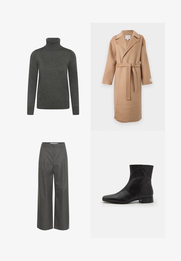 Manteau en mélange de laine beige avec un col cranté, des manches longues et une ceinture assortie. Possède une fente latérale et une étiquette de marque sur la manche.; Pull à col roulé gris foncé en tissu tricoté, avec des manches longues, un col et des poignets côtelés, et une texture lisse.; Pantalons gris à large jambe en tissu texturé, dotés d'une taille haute et de plis à l'avant, sans poches visibles ni détails en métal.; Botte cheville en cuir noir avec un bout pointu, texture lisse, design minimaliste et un petit talon carré. La fermeture éclair sur le côté monte jusqu'à la cheville.