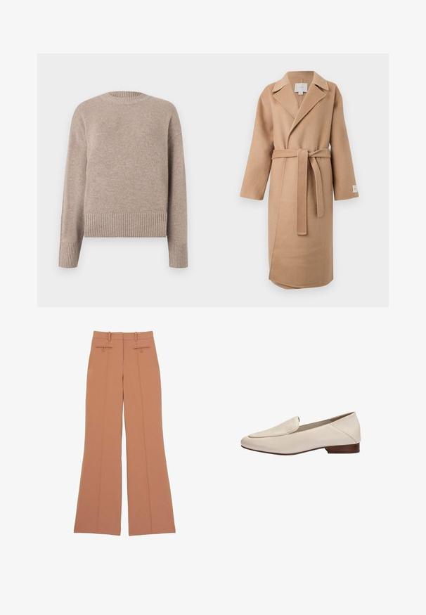 Beige uldblandede indpakningsfrakke med en klippet krave, lange ærmer og et matchende bælte. Har et sideslids og et mærke på ærmet.; Beige strikket sweater med rund hals, ribbede manchetter og kant. Blød tekstur og afslappet pasform, velegnet til afslappet brug.; Vidde bukser i lysebrun stof, med to forlommer, diskrete sømdetaljer og en glat overflade.; Beige læderloafer med lavt træhæl og afrundet firkantet tå, sidevisning mod hvid baggrund.