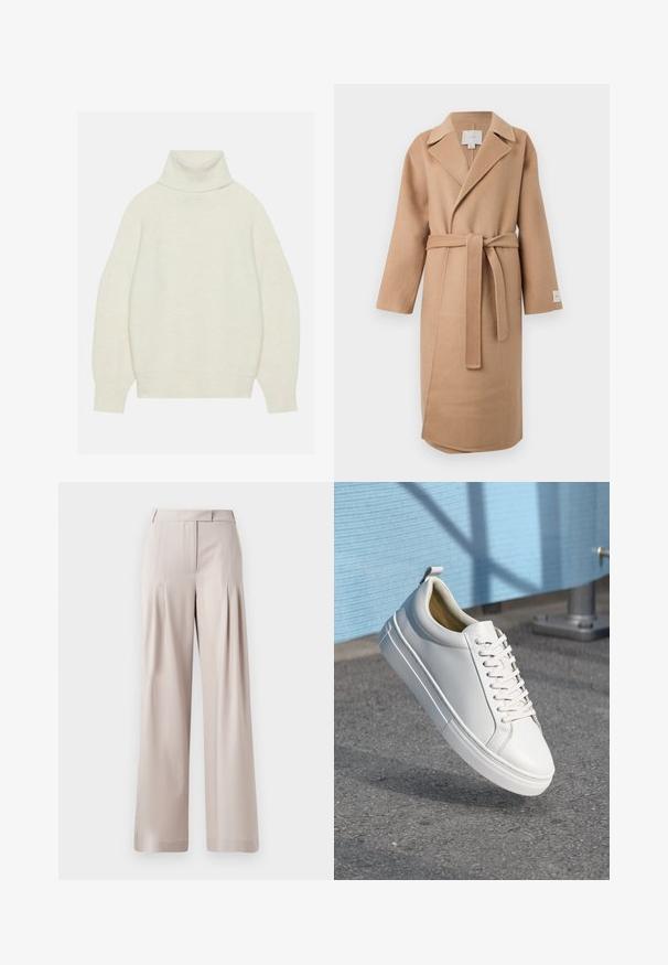 Manteau en mélange de laine beige avec un col cranté, des manches longues et une ceinture assortie. Possède une fente latérale et une étiquette de marque sur la manche.; Pull à col roulé en crème, confectionné en maille douce. Il présente une coupe décontractée, des manches raglan et des poignets et ourlet côtelés.; Pantalons larges beiges avec une texture lisse, un design plissé à l'avant et une taille ajustée. Convient pour une tenue formelle ou décontractée.; Baskets blanches en cuir avec des lacets plats, bout rond, semelle en caoutchouc et une petite languette au talon. Texture lisse avec des détails de design minimalistes.