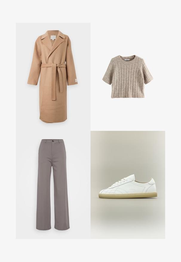 Beige uldblandede indpakningsfrakke med en klippet krave, lange ærmer og et matchende bælte. Har et sideslids og et mærke på ærmet.; Kortærmet, ribbet sweater i lys beige med en rund halsudskæring og blød tekstur, lavet af et hyggeligt strikmateriale.; Bredde bukser i et blødt gråt stof. Har en knaplukning og rene sømme. Glat tekstur uden synlige mønstre eller udsmykninger.; Hvid lavtop lædersneaker med beige sål, snøredesign og subtile syede mønstre på neutral baggrund.