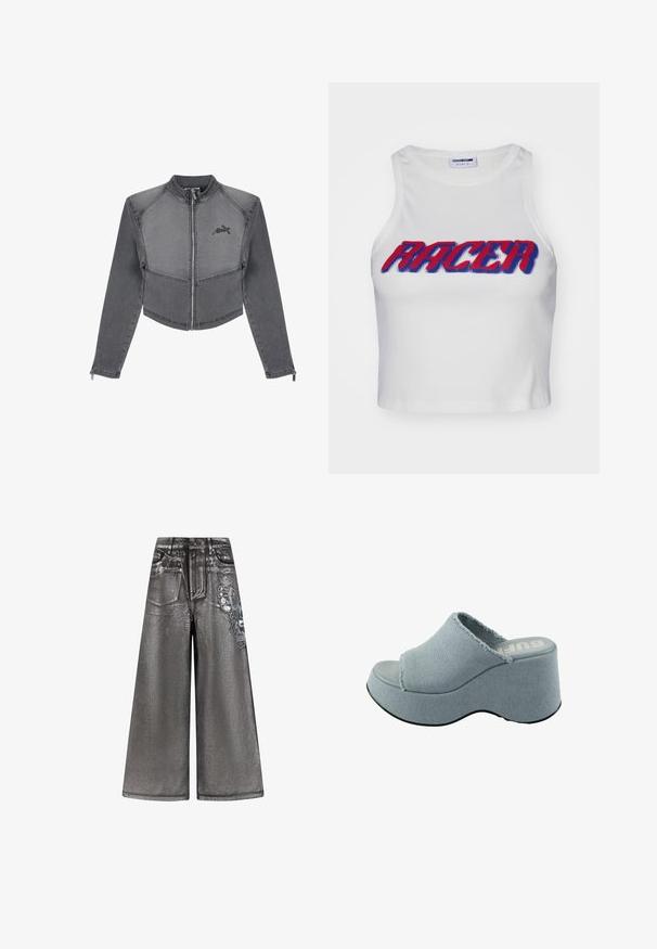 Afskåret grå denimjakke med høj krave, lynlåslukning og logodetalje på brystet. Har kontraststing og tætsiddende ærmer.; Hvid ribbet cropped tanktop med ordet "RACER" i fed rød og blå skrift over forsiden.; Grå, brede denim bukser med en blank tekstur, forlommer og et dekorativt sommerfugle grafisk motiv på siden. Der er tilstedeværende slidte detaljer.; Lyseblå platform slide sandal med fransede tekstiloverdel, åben tå design, tyk, rund sål og tekstureret grå ydersål.