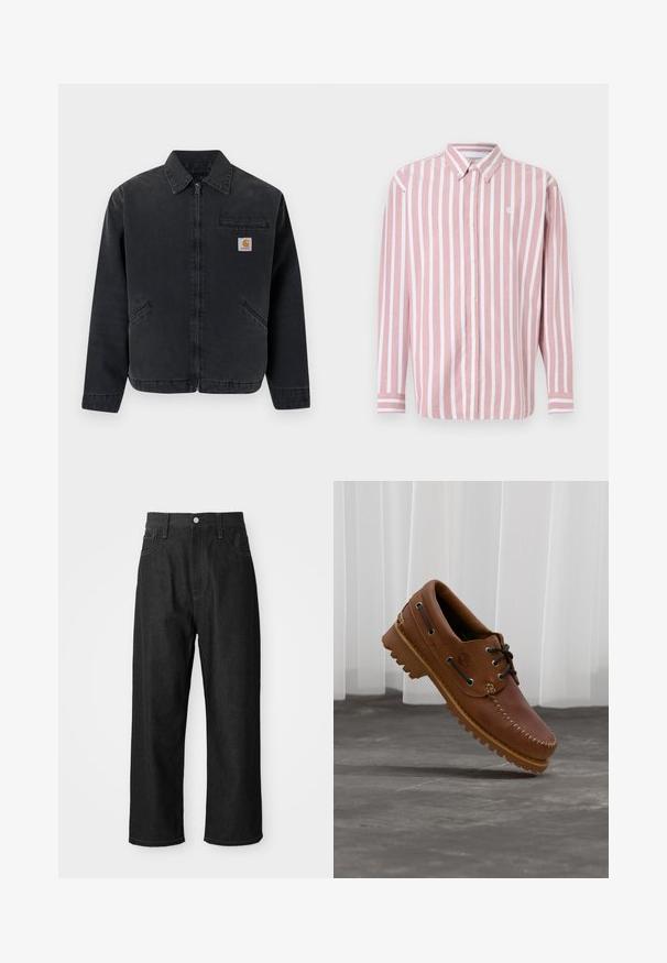 Chaqueta de mezclilla oscura con cremallera frontal, cuello de pico, dos bolsillos laterales y un bolsillo en el pecho con parche de logo. Textura suave.; Camisa de botones a rayas en rosa y blanco. Cuenta con cuello, mangas largas y un pequeño logo. Confeccionada con tela tejida.; Pantalones de mezclilla negros con un corte relajado, cintura alta, cierre de cremallera y diseño de cinco bolsillos. Costuras visibles que realzan el diseño.; Zapato náutico de cuero marrón con cordones negros, costuras beige y una suela resistente, suspendido sobre un suelo de hormigón gris.
