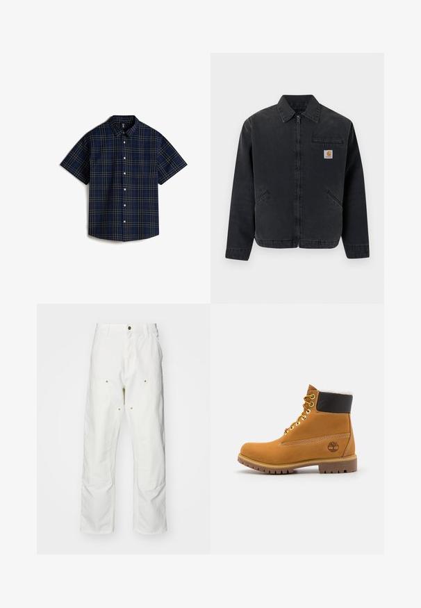 Mørk denimjakke med lynlås foran, spids krave, to sidelommer og en brystlomme med et logo-patch. Glat tekstur.; Vans LAWSON - Skjorter - medium blue; Hvide bomulds cargo bukser med en afslappet pasform. Funktioner inkluderer for- og baglommer, guldfarvede hardware detaljer og forstærkede knæsektioner.; Brune læder ankelstøvle med metaløjer, hvid pelsforing, sort polstret krave, robust sål og præget logo på siden.
