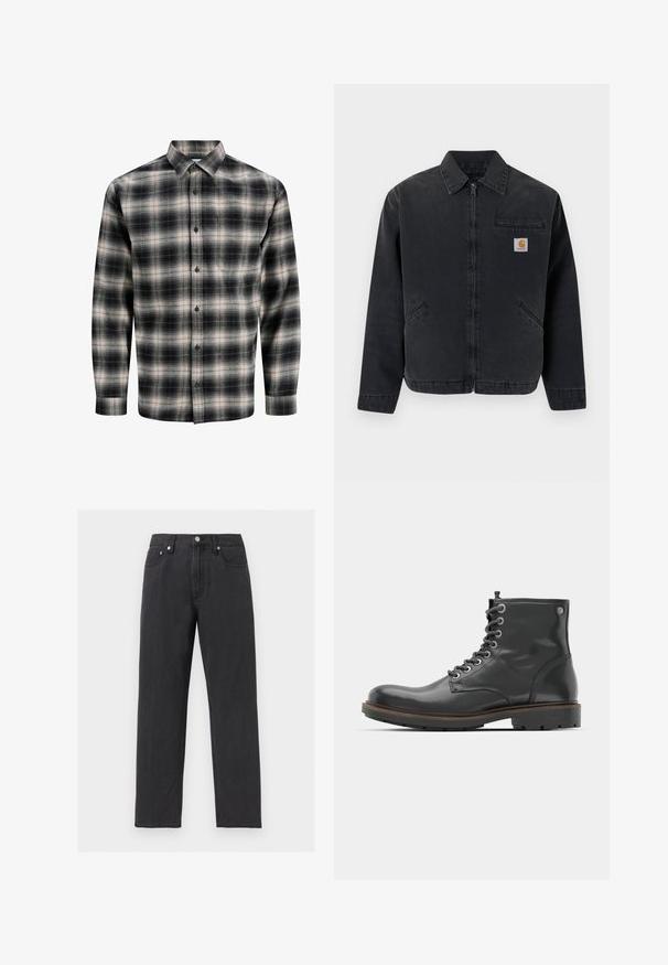 Mørk denimjakke med lynlås foran, spids krave, to sidelommer og en brystlomme med et logo-patch. Glat tekstur.; Sort og creme ternet skjorte lavet af vævet stof. Har lange ærmer, en spids krave og knaplukning foran med en brystlomme.; Sorte jeans med lige ben, fem lommer, knaplukning og bæltestropper, vist på en lysegrå baggrund.; Sort læder ankelstøvle med snørebånd, rund tå og tekstureret overdel, der har metaløjer og en gummisål med mønstret dækning.