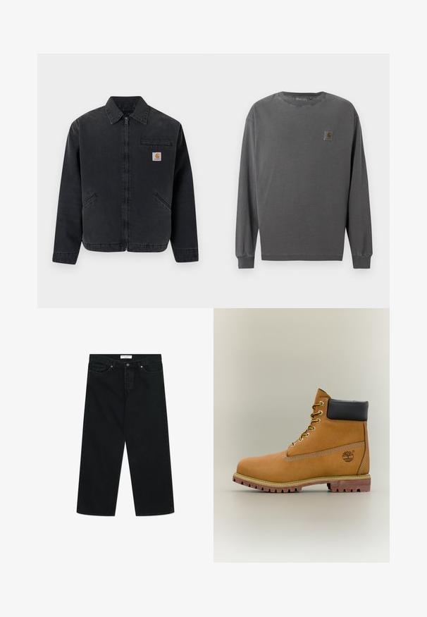 Donkere spijkerjas met een ritssluiting aan de voorkant, een puntkraag, twee zijzakken en een borstzak met een logopatch. Gladde textuur.; Langarmshirt van donkergrijze katoen. Heeft een ronde hals, elastische manchetten en een klein vierkant logo op de linkerborst.; Zwarte wijde jeans van denim stof, met een knoopsluiting aan de voorkant, riemlussen en zakken. Gladde textuur, minimalistisch ontwerp.; Bruine leren enkellaars met zwarte kraag, gele veters en een zandkleurige zool. Voorzien van een logo en witte stikseldetails. Robuuste loopzool met grip.