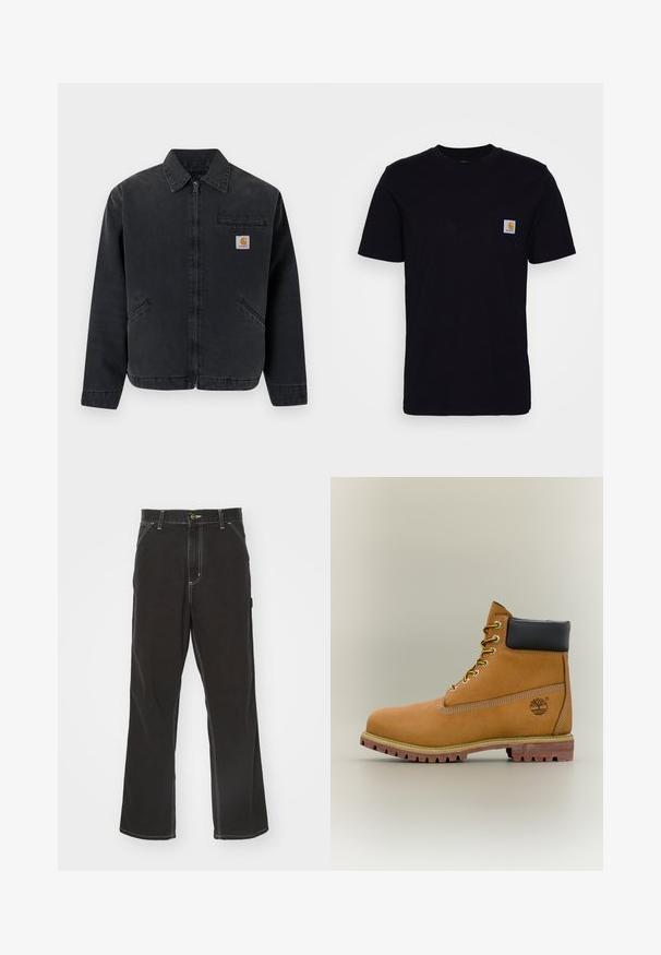 Dunkle Jeansjacke mit einem vorderen Reißverschluss, spitzem Kragen, zwei Seitentaschen und einer Brusttasche mit einem Logo-Patch. Glatte Textur.; Schwarzes Baumwoll-T-Shirt mit kurzen Ärmeln, rundem Hals und einer Brusttasche, die mit einem kleinen, quadratischen Logo-Patch versehen ist. Einfaches, einfarbiges Design.; Schwarze Denim-Hose mit geradem Schnitt, kontrastierenden weißen Nähten, Fronttaschen und einem Knopfverschluss an der Taille.; Brauner Leder-Stiefelette mit schwarzem Kragen, gelben Schnürsenkeln und hellbrauner Sohle. Verfügt über ein Logo und weiße Ziernähe. Robuste Profilsohle.