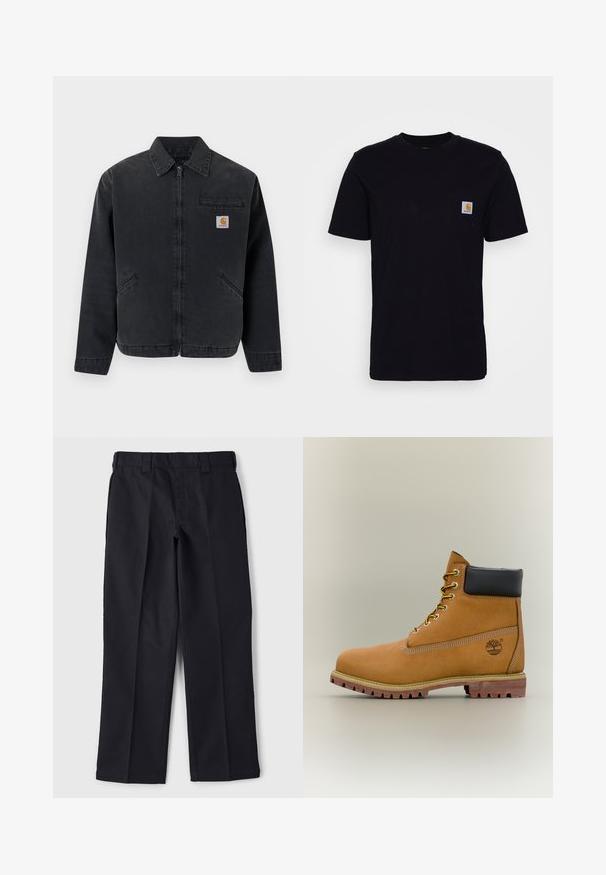 Veste en denim foncé avec une fermeture éclair frontale, col pointu, deux poches latérales et une poche poitrine ornée d'un patch logo. Texture lisse.; T-shirt en coton noir à manches courtes, col rond et poche poitrine avec un petit patch logo carré. Design simple et uni.; Pantalon noir en tissu durable, présentant une coupe droite, une taille avec passants de ceinture et sans poches ni embellissements visibles.; Bottine en cuir marron avec col noir, lacets jaunes et semelle beige. Présente un logo et des détails de couture blanche. Semelle extérieure à traction robuste.