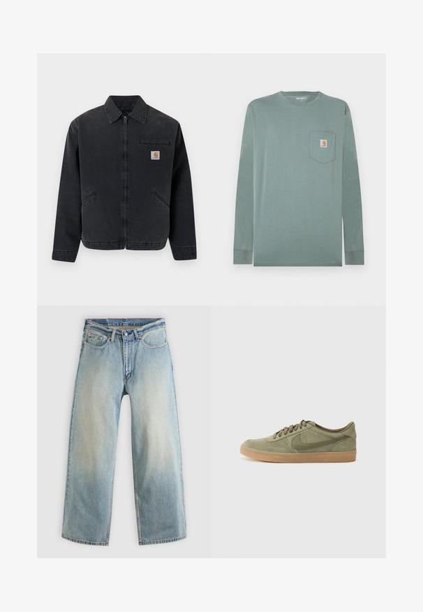 Veste en denim foncé avec une fermeture éclair frontale, col pointu, deux poches latérales et une poche poitrine ornée d'un patch logo. Texture lisse.; Chemise à manches longues en coton vert clair avec un col rond, dotée d'une poche poitrine gauche et d'un écusson logo en orange et blanc.; Jean denim bleu clair à jambes larges avec une finition délavée. Comprend un design standard à cinq poches et une fermeture à bouton métallique.; Baskets en suède vert avec une semelle en caoutchouc gomme, bout rond et design à lacets. Présente le logo distinctif de Nike en vert foncé.