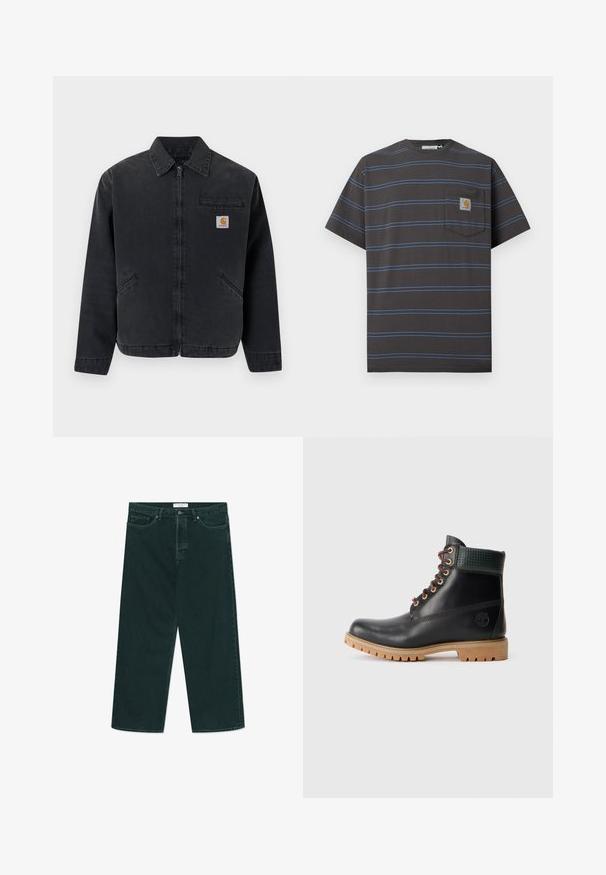 Dunkle Jeansjacke mit einem vorderen Reißverschluss, spitzem Kragen, zwei Seitentaschen und einer Brusttasche mit einem Logo-Patch. Glatte Textur.; Dunkelgraues T-Shirt mit kurzen Ärmeln, dünnen horizontalen blauen Streifen und einer Brusttasche mit kleinem Carhartt-Logo-Patch.; Dunkelgrüne weit geschnittene Jeans aus Denim mit Knopf- und Reißverschluss, Fronttaschen und Gürtelschlaufen, flach auf einem weißen Hintergrund ausgelegt.; Schwarze Leder Stiefelette mit braunen Schnürsenkeln, gepolstertem grünen Kragen und beigefarbenem Gummisohle mit tiefen Profilen, seitliche Ansicht auf weißem Hintergrund.