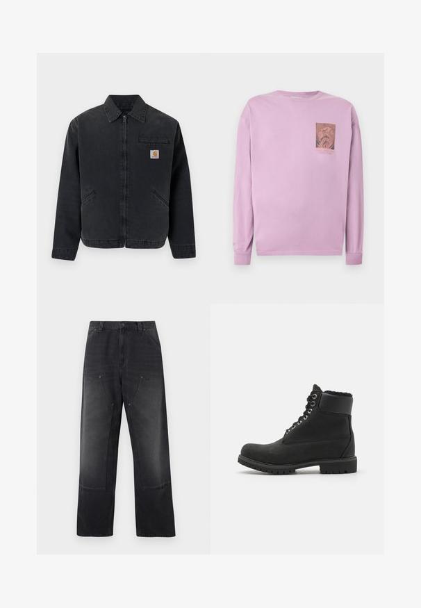 Mørk denimjakke med lynlås foran, spids krave, to sidelommer og en brystlomme med et logo-patch. Glat tekstur.; Lavendel langærmet skjorte med en lille grafik og tekst på venstre bryst, der viser et indviklet cirkulært design.; Sorte jeans med brede ben, forlommer med lapper, bæltestropper og lukning med knap samt lynlås.; Sort ankelstøvle lavet af suede med en gummisål, der har metaløjer, snørebånd og en blød faux fur-krave rundt om toppen.
