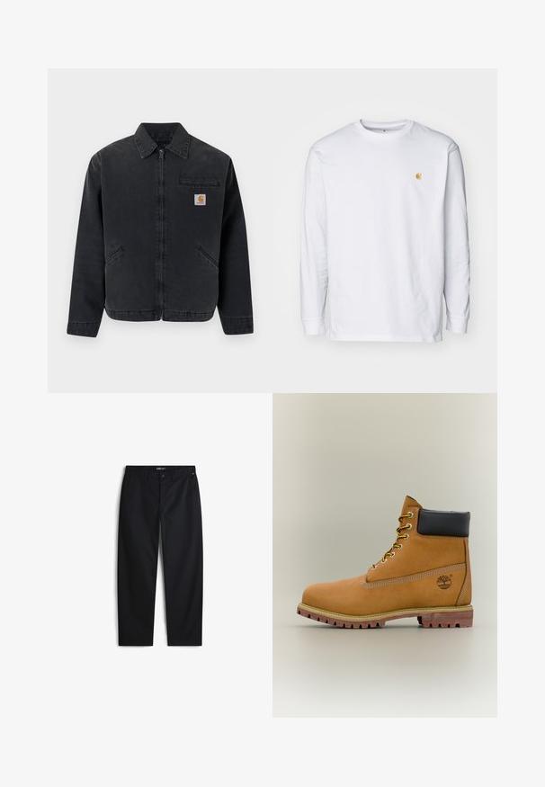 Veste en denim foncé avec une fermeture éclair frontale, col pointu, deux poches latérales et une poche poitrine ornée d'un patch logo. Texture lisse.; T-shirt à manches longues blanc en coton. Présente un petit logo doré sur la poitrine et un col rond. Design simple et coupe standard.; Pantalon noir en tissu mélangé coton, avec une coupe droite, des poches latérales et une fermeture à bouton. Aucun motif ou logo visible.; Bottine en cuir marron avec col noir, lacets jaunes et semelle beige. Présente un logo et des détails de couture blanche. Semelle extérieure à traction robuste.