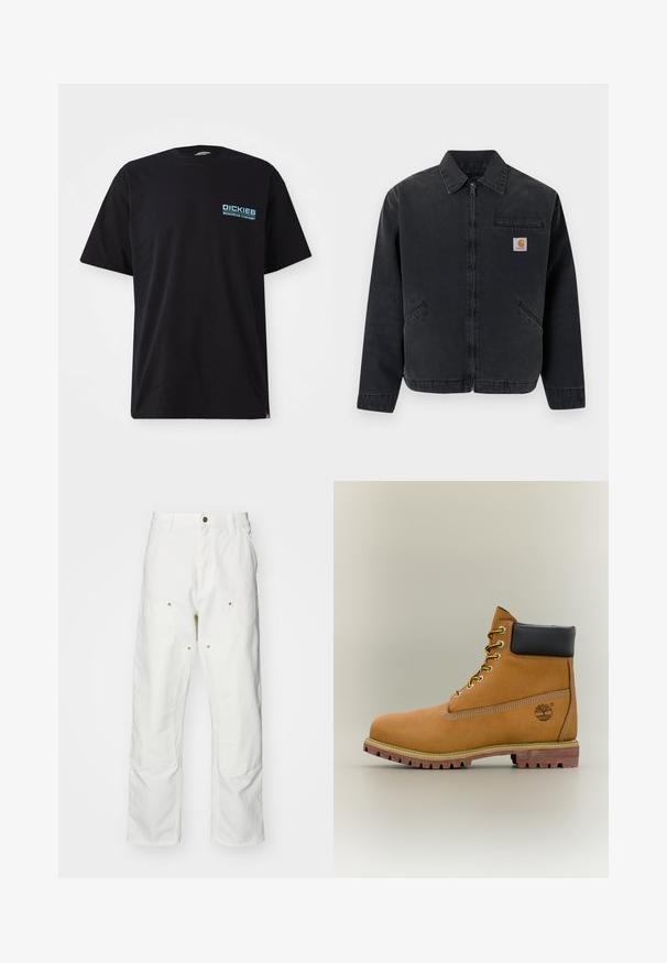 Donkere spijkerjas met een ritssluiting aan de voorkant, een puntkraag, twee zijzakken en een borstzak met een logopatch. Gladde textuur.; Zwarte katoenen t-shirt met korte mouwen, met een blauw "DICKIES WORKWEAR COMPANY" logo op de linkerkant van de borst. Standaard ronde hals.; Witte katoenen cargobroeken met een relaxte pasvorm. Kenmerken zijn onder andere voorzakken, gouden hardware accenten en versterkte kniezones.; Bruine leren enkellaars met zwarte kraag, gele veters en een zandkleurige zool. Voorzien van een logo en witte stikseldetails. Robuuste loopzool met grip.