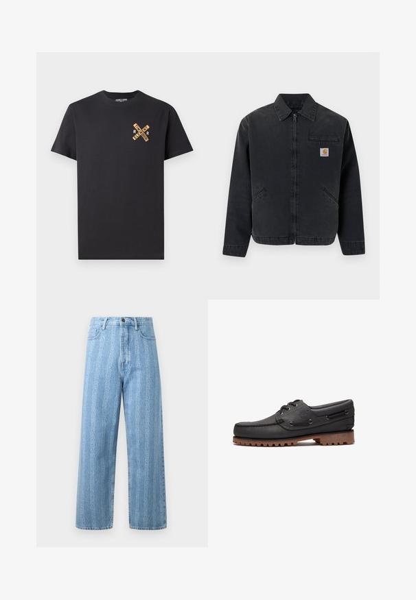 Dunkle Jeansjacke mit einem vorderen Reißverschluss, spitzem Kragen, zwei Seitentaschen und einer Brusttasche mit einem Logo-Patch. Glatte Textur.; Schwarzes Baumwoll-T-Shirt mit einem grafischen Design in Orange, das die Worte "ELEMENT" und "REMEMBER" in einem Kreuzmuster auf der Brust zeigt.; Hellblaue Denim-Jeans mit weitem Bein, die ein wiederkehrendes Kettenmuster aufweisen. Klassischer Fünf-Taschen-Stil und metallischer Knopf. ; Schwarzes Bootsschuh aus Leder mit Schnürdetails, rundem Zehenbereich, strukturierter brauner Gummisohle und genähten Lederseiten.