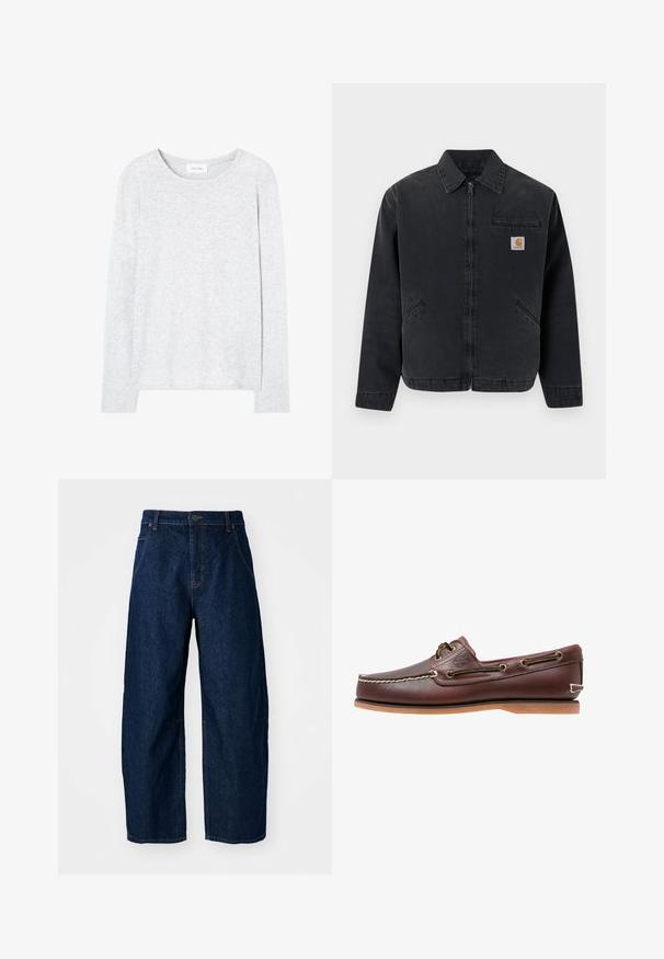 Mørk denimjakke med lynlås foran, spids krave, to sidelommer og en brystlomme med et logo-patch. Glat tekstur.; Lysegrå langærmet skjorte lavet af blødt stof. Har en rund halsudskæring og en let løs pasform med slidser i siderne ved kanten.; Bredde ben mørk denim jeans med høj talje, som har fem lommer, knaplukning foran og synlige syninger.; Brun læder bådsko med hvide sømme, snøre detaljer og lysbrun gummisål, vist fra siden på hvid baggrund.