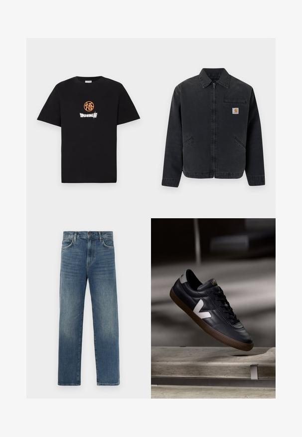 Tummansininen farkkutakki, jossa on edessä vetoketju, terävä kaulus, kaksi sivutaskua ja rintatasku, jossa on logopläsi. Sileä rakenne.; Musta puuvillapaita, jossa on oranssi pyöreä logo ja valkoinen "Dragon Ball" -teksti etuosassa. Klassinen pyöreä kaula-aukko.; Denimfarkut keskisinisin pesuin, suoralahkeisella mallilla, viidellä taskulla, vyölenkeillä ja metallinapillisisella kiinnityksellä.; Mustat nahkaiset lenkkarit, joissa on valkoinen V-logo, nauhakiinnitys, rei'itetyt yksityiskohdat ja ruskea kumipohja; tyylikäs muotoilu, jossa on minimaalisia yksityiskohtia.