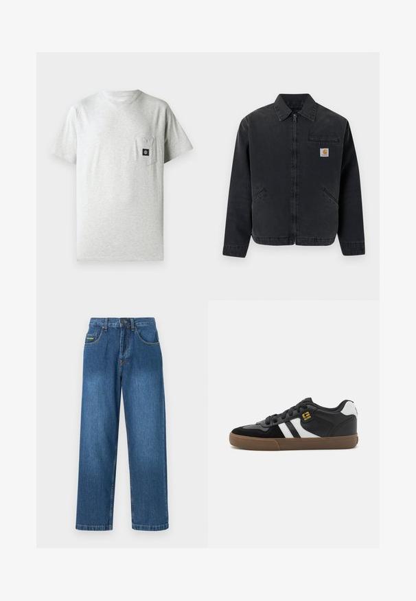 Dunkle Jeansjacke mit einem vorderen Reißverschluss, spitzem Kragen, zwei Seitentaschen und einer Brusttasche mit einem Logo-Patch. Glatte Textur.; Herren T-Shirt aus grauer Baumwolle mit rundem Halsausschnitt, kurzen Ärmeln und einer kleinen Brusttasche auf der linken Seite, die mit einem kleinen schwarzen Logo-Patch verziert ist.; Denim-Jeans in einem mittleren Blauton mit geradem Bein, fünf Taschen und gelben Nähtelementen.; Schwarz-weiße Sneakers mit einem Obermaterial aus Wildleder und Leder, ausgestattet mit weißen Streifen, schwarzen Schnürsenkeln und einer braunen Gummisohle. Mit goldenen Logo-Akzenten.