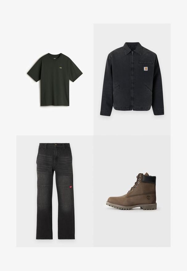 Mørk denimjakke med lynlås foran, spids krave, to sidelommer og en brystlomme med et logo-patch. Glat tekstur.; Vans T-shirts basic - dark green; Sorte denim arbejdssbukser med dobbelte knæpaneler og et lille rødt logo på højre ben, lige snit og linning med knaplukning.; Brune læder ankelstøvle med sort krave, metaløjer og slidstærk grå sål. Har logo på siden og syet detaljer.
