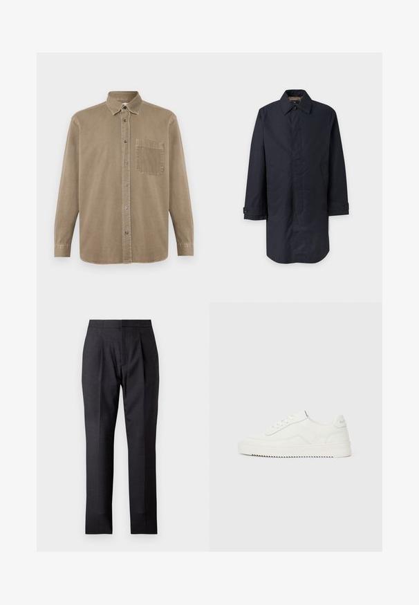 Dunkel marineblauer Herren-Langmantel mit Kragen, geknöpften Manschetten, zwei seitlichen Taschen und verdeckten vorderen Knöpfen.; CLOSED FORMAL ARMY SHIRT - Hemd - rock beige; Schwarze formelle Herrenhose mit Bundfalten, geraden Beinen und einem vorderen Reißverschluss vor einfarbigem Hintergrund.; Weißer Low-Top-Lederschuh mit Schnürverschluss, strukturierter Fersenschlaufe und leicht gerillter weißer Gummisohle auf schlichtem hellem Hintergrund.
